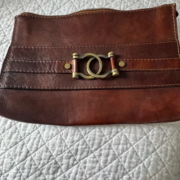 Brown Leather Clutch with Gold Accent - Picture 1 of 3